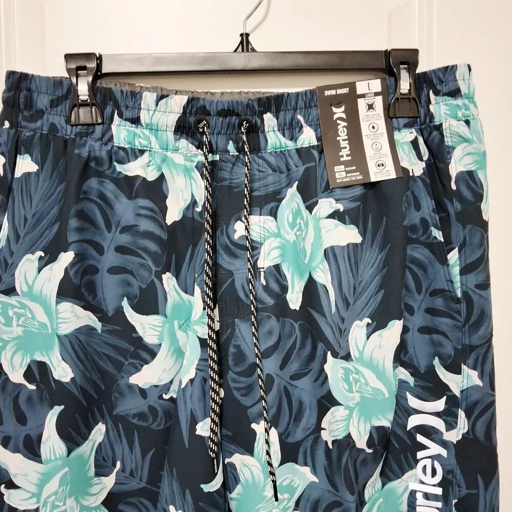 Hurley Men's Logo Stretch UPF 50+ Swim Shorts Blue Tropical Size Large NWT